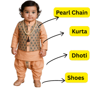 Peach - Baby Kurta Dhoti Set (0–9M) – With Shoes & Pearl Chain