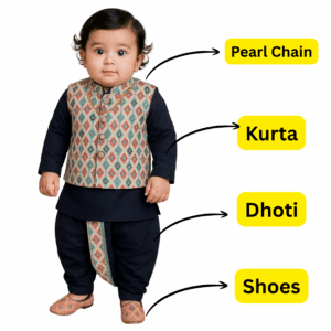 Blue - Baby Kurta Dhoti Set (0–12M) – With Shoes & Pearl Chain