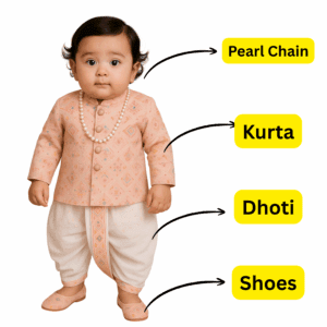 Light Pink- Baby Kurta Dhoti Set (0–12M) – With Shoes & Pearl Chain