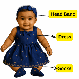 Sitara - Blue traditional Baby Frock with border design , Headband & Footcover/Socks