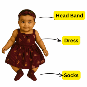 Indra - Maroon Baby Frock Set with Headband & Footcover/Socks