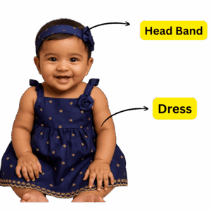Charvi- Blue Baby half Frock with border design and Headband